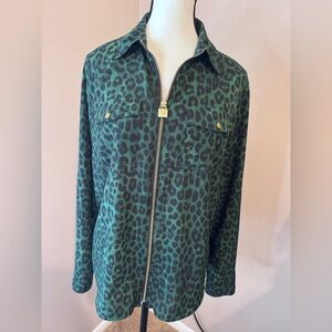 Michael Kors Green Leopard Zip-Front Blouse size large